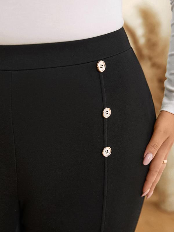 CURVZY Plus Size Solid Fake Buttons Decor Pencil Pants, Casual Comfy Trousers for Daily Wear, Women's Bottoms for All Seasons