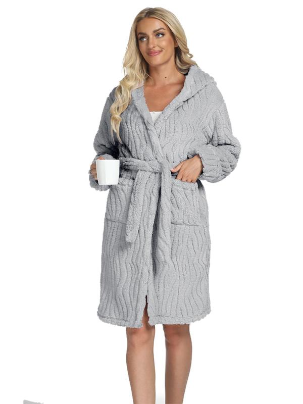 Women's Solid Belted Hooded Lounge Robe, Casual Long Sleeve Pocket Design Thickened Robe for Fall & Winter, Women's Loungewear for Indoor Wear