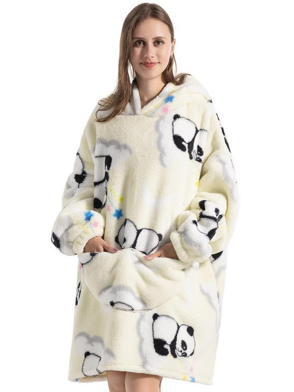 Women's Print Drop Shoulder Hooded Flannel Robe, Casual Long Sleeve Pocket Design Halloween Hooded Robe, Ladies Fall & Winter Sleepwear