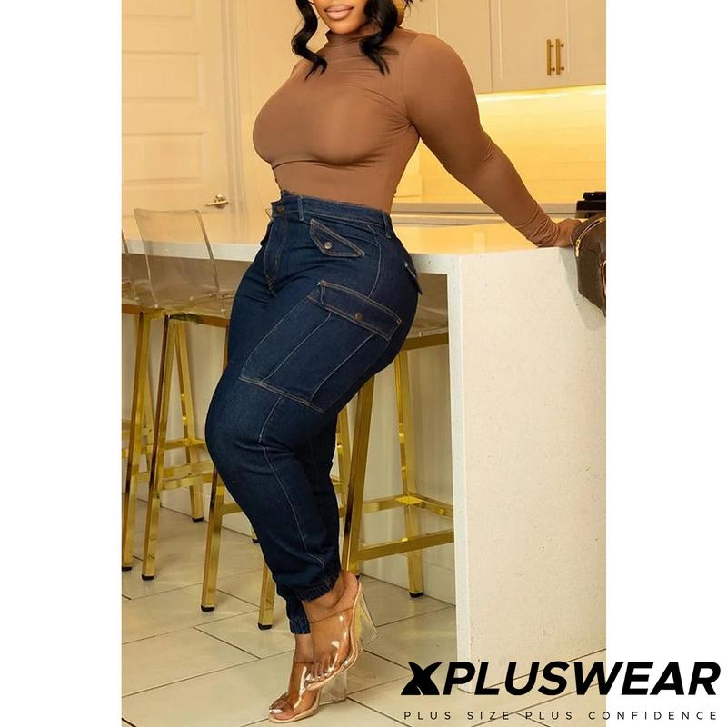 Xpluswear Plus Size Basic Daily Comfort Denim Asymmetric Waist With Pocket Cargo Women's jeans Womenswear women's clothing Pants winter clothes