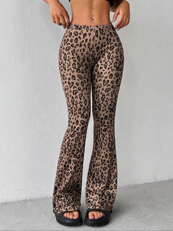 Women's Leopard Print Bell Bottoms, Casual Comfy Flare Leg Trousers for Spring & Fall, Women's Bottoms for Daily Wear