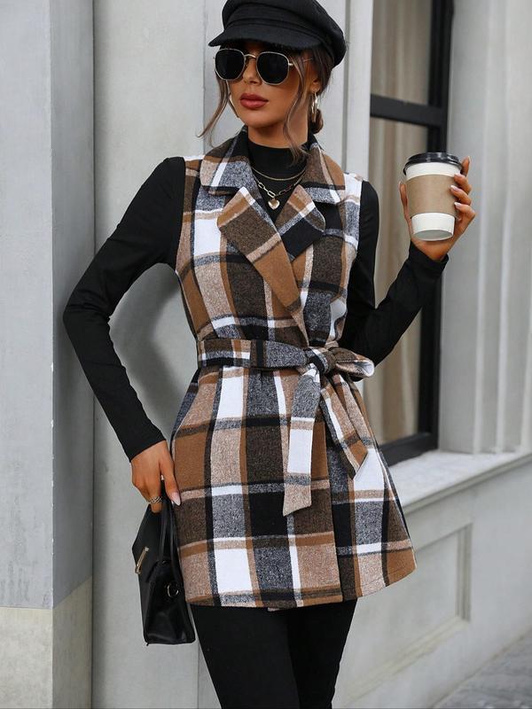 Women's Plaid Print Belted Lapel Neck Vest Jacket, Casual Sleeveless Outerwear for Fall & Winter, Ladies Clothes for Daily Wear