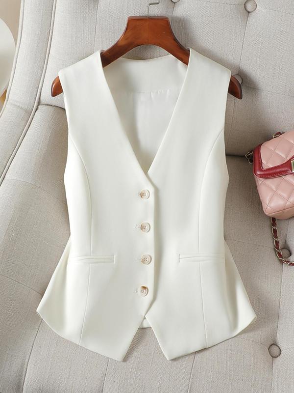 Women's Solid Button Front Vest Blazer, Elegant V Neck Pocket Suit Vest for Work Office Business, Ladies Spring & Fall Clothes, Vest Jacket, Earthtone Fallfreshness