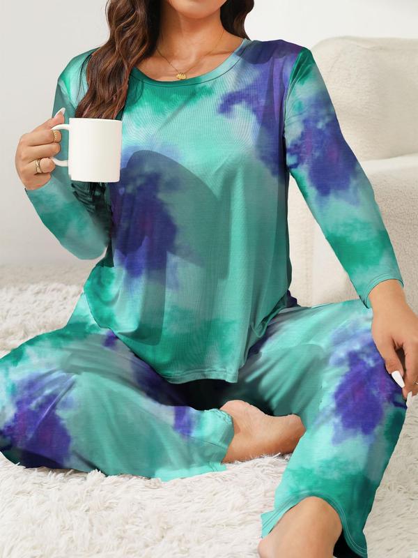  Tie Dye Print Tee & Pants Loungewear Set, Casual Comfy Round Neck Long Sleeve Top & Trousers PJ Set, Women's Sleepwear for Spring & Fall