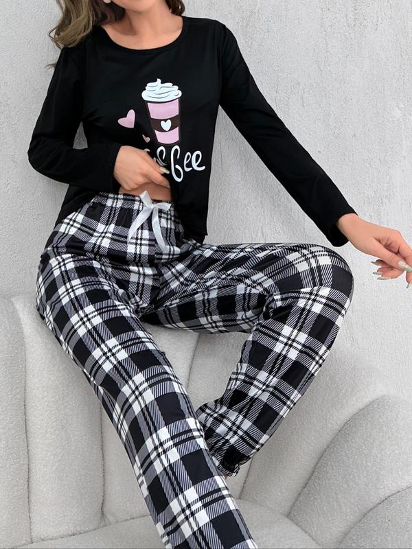 Two-Piece Set Women's Coffee Print Pajama Set, Casual Long Sleeve Tee & Bow Decor Pants for Daily Home Wear, Women's Sleepwear & Loungewear Set for Spring & Fall