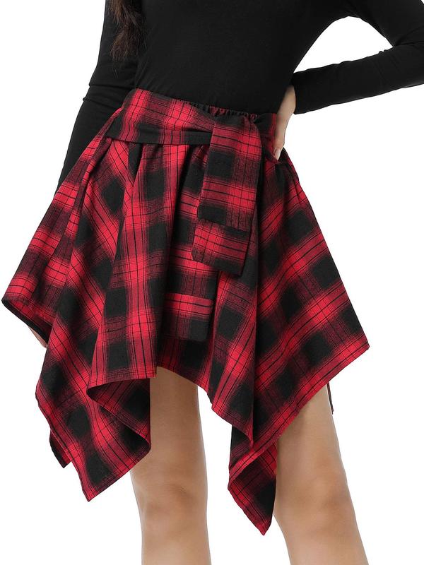 Women's Plaid Print Asymmetrical Hem Skirt, Casual Fashion Tie Front A Line Skirt for Daily Wear, Ladies Fall Clothes, Experimental Outfits, Preppy 80s Clothes Tweed Skirt