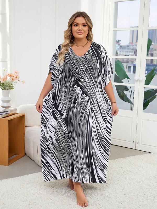  Ethnic Pattern Batwing Sleeve Kaftan Dress, Casual Boho V Neck Split Hem Dress, Dress in Club, Dresses for Women, Summer Dresses 2024, Summer Outfits 2024, Lady Swimwear for Summer Beach Vacation Black Girl Outfits Moo Moo Dresses