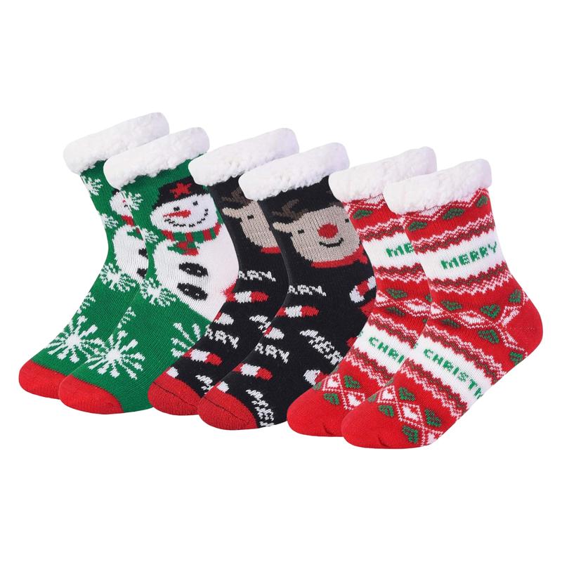 3 Pairs Fuzzy Non Slip Slipper Socks with Grippers Christmas Gifts Fleece Lined Warm Lining Xmas Party Fluffy Non Skid Ripple Sleeping Socks Winter