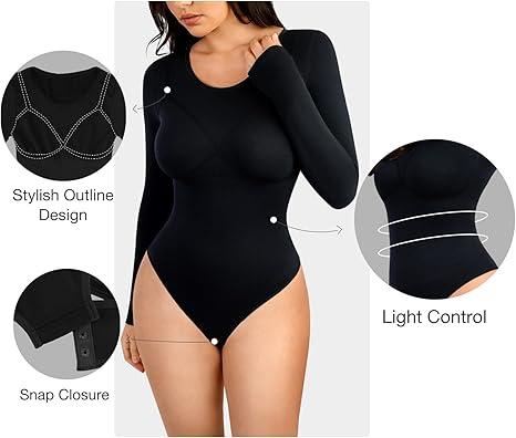 Lover-Beauty Long Sleeve Bodysuit for Women Scoop Neck Body Suits Stretch Seamless Thong Bodysuit Tops