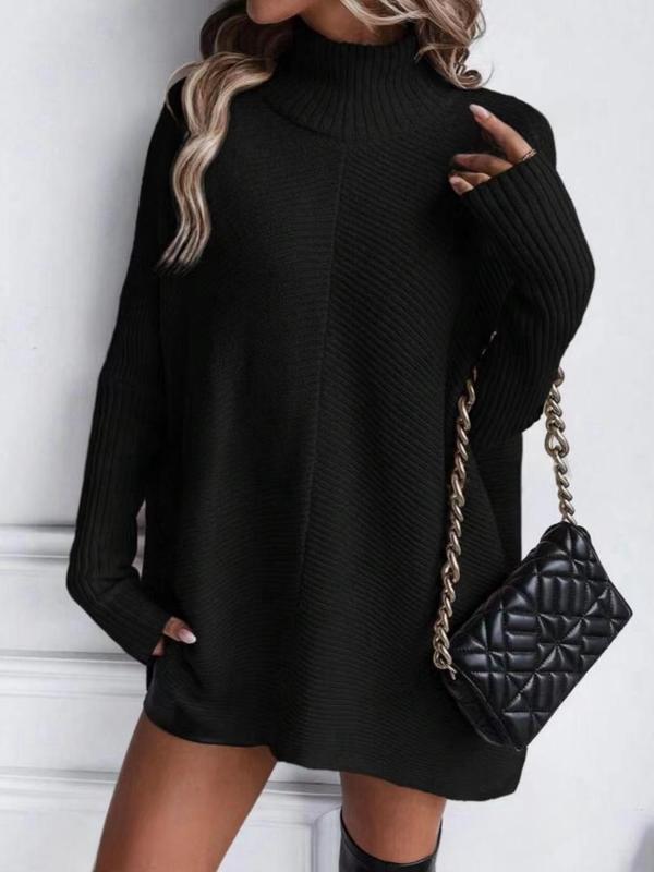 Women's Solid Color High Neck Sweater Dress, Casual Long Sleeve Jumper Short Dress for Fall & Winter, Women's Knitwear for Daily Wear Turtleneck