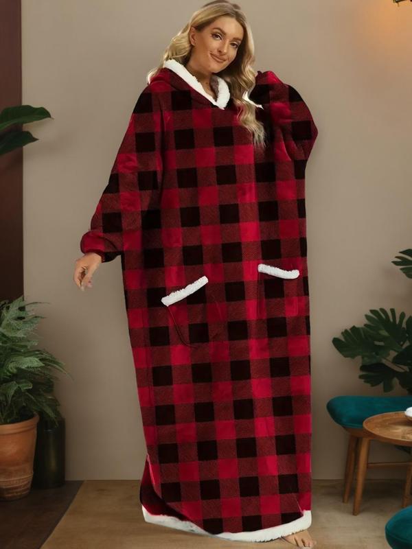 Christmas Women's Plaid Print Drop Shoulder Hooded Lounge Robe, Casual Long Sleeve Pocket Design Lounge Dress for Fall & Winter, Ladies Sleepwear for Indoor Wear