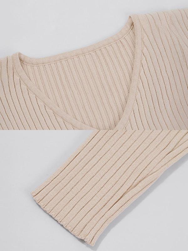 Women's Solid Color V Neck Sweater Dress, Casual Long Sleeve Ribbed Knit Dress for Fall & Winter, Women's Clothing for Daily Wear