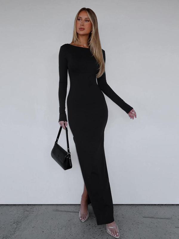 Women's Solid Color Backless Split Thigh Tie Back Bodycon Dress, Elegant Long Sleeve Boat Neck Maxi Dress for Party Dating Wear, Women's Clothing for Fall & Winter