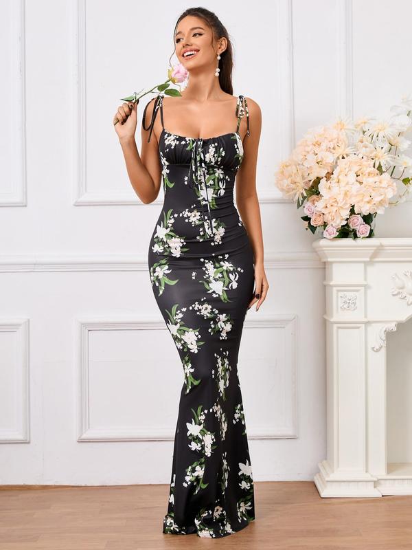 Women's Floral Print Ruched Tie Front Cami Mermaid Dress, Back To School Outfits, Maxi Sundresses for Beach Holiday Vacation, Dress in Club, Dresses for Women, Birthday Dresses 2024, Ladies Summer Clothes, Birthday Outfit Black Girl Christmas