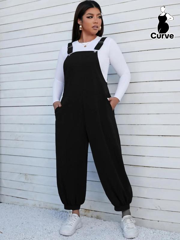 Plus Size Pocket Button Front Corduroy Jumpsuit, Casual Solid Sleeveless Overall Jumpsuit, Summer Jumpsuits for Women, Women's Plus Size Clothes for Daily Wear