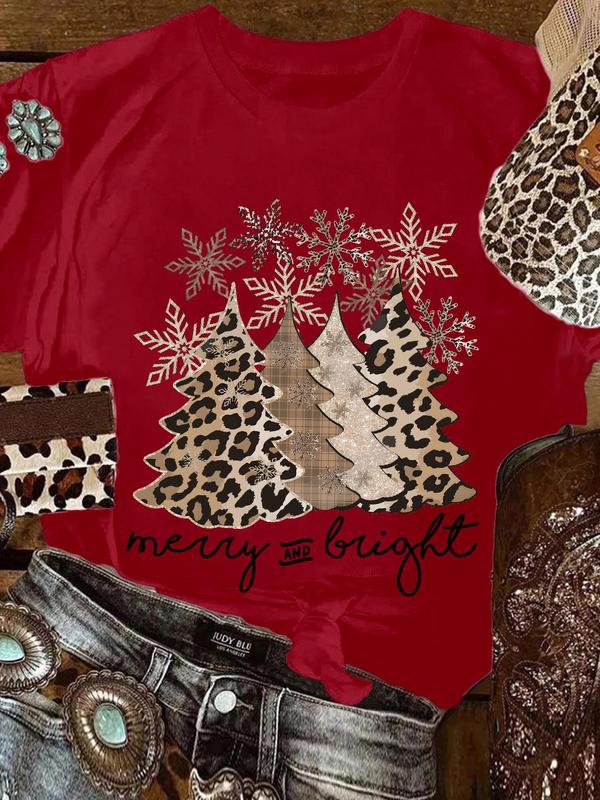 Women's Christmas Tree & Letter & Snowflakes Print Round Neck Tee, Casual Short Sleeve Crew Neck T-Shirt for Daily Wear, Ladies Clothes for All Seasons