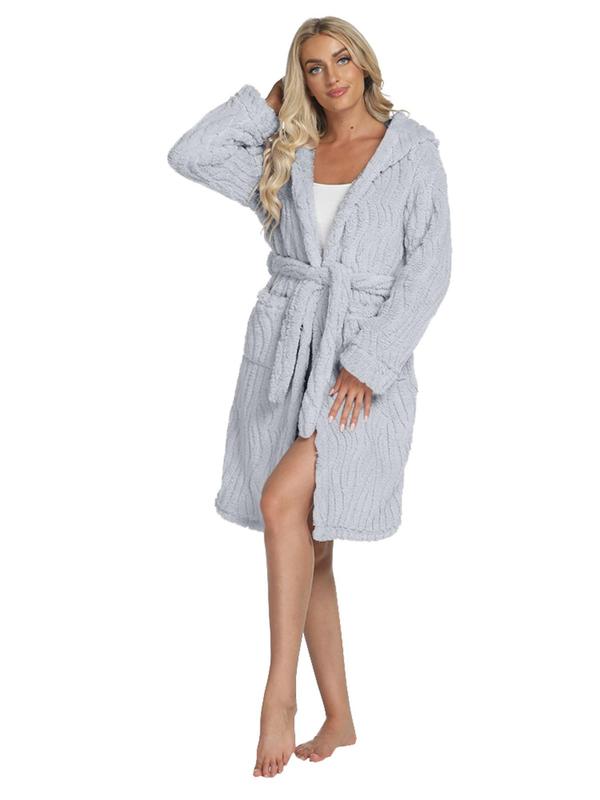 Women's Solid Belted Hooded Lounge Robe, Casual Long Sleeve Pocket Design Thickened Robe for Fall & Winter, Women's Loungewear for Indoor Wear