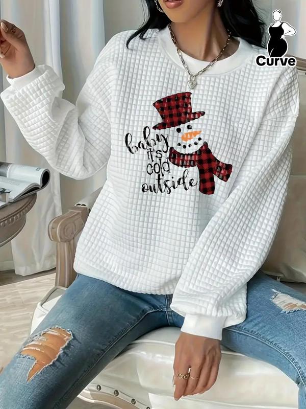  Cartoon Snowman & Letter Print Drop Shoulder Sweatshirt, Sweatshirts for Women, Casual Long Sleeve Round Neck Pullover for Daily Wear, Women's Clothing for Fall & Winter