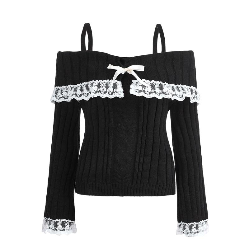 Women Off Shoulder Top Y2K Long Sleeve Lace Trim Knit Shirt Fashion Cute Solid Pullover Sweater