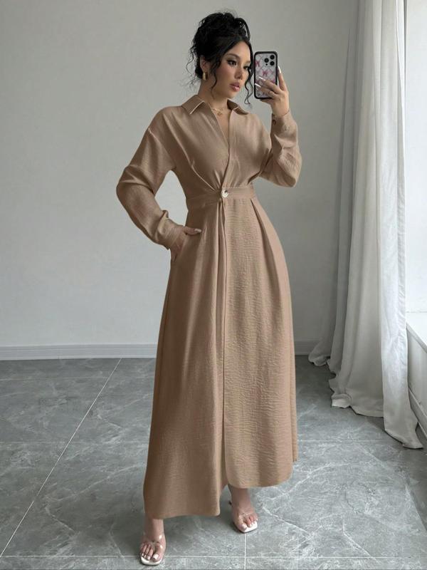 Women's Plain Plicated Button Front Wrap A Line Dress,  Vintage Girly Clothes Casual Tie Inside Collared Long Dress for Spring & Fall, Women's Clothing for Daily Wear