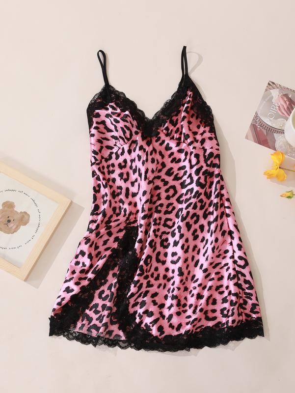 Women's Leopard Print Contrast Lace Criss  Womenswear Loungewear Nightwear Underwear Lady Homewear Sleeveless Comfort   cami nightdress