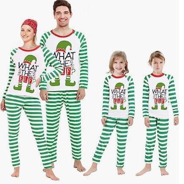 HS4997 Playful Elf Christmas Family Set, Green and White Striped Parent-Child Home Clothes