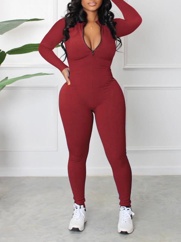 Women's Solid Zip Up Skinny Jumpsuit, Casual Comfy Long Sleeve Stand Collar Jumpsuit for Fall & Winter, Women's Clothes for Daily Wear