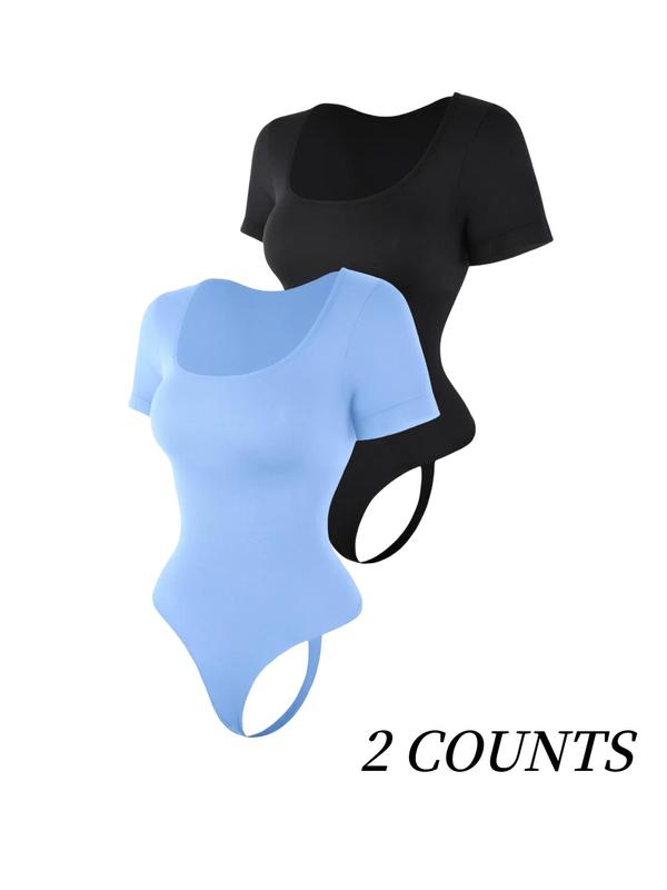 Women's Solid Sexy Square Neck Short Sleeve Shapewear Bodysuit, Tummy Control Butt Lifting Button Closure Crotch Shaper, Body Suits for Women, Women's Shapewear for All Seasons Bodycon