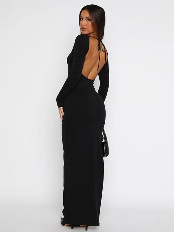 Women's Solid Color Backless Split Thigh Tie Back Bodycon Dress, Elegant Long Sleeve Boat Neck Maxi Dress for Party Dating Wear, Women's Clothing for Fall & Winter