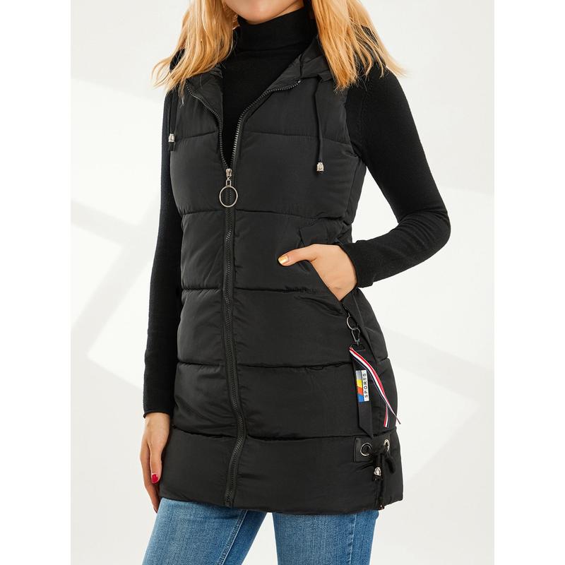 Women Down Jacket Waistcoat Solid Color Drawstring Hooded Sleeveless Zipper-Up Vests Autumn Winter Casual Warm Outerwear Womenswear Check