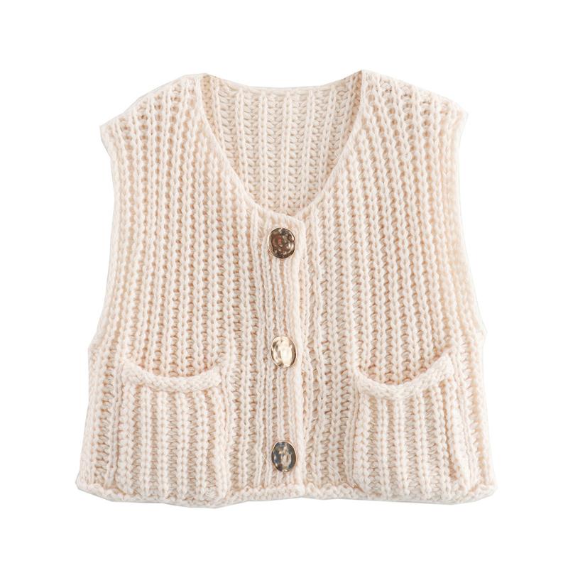 2024 New Women's European and American Style Pocket Sleeveless Short Knitted Cardigan Vest Shirt