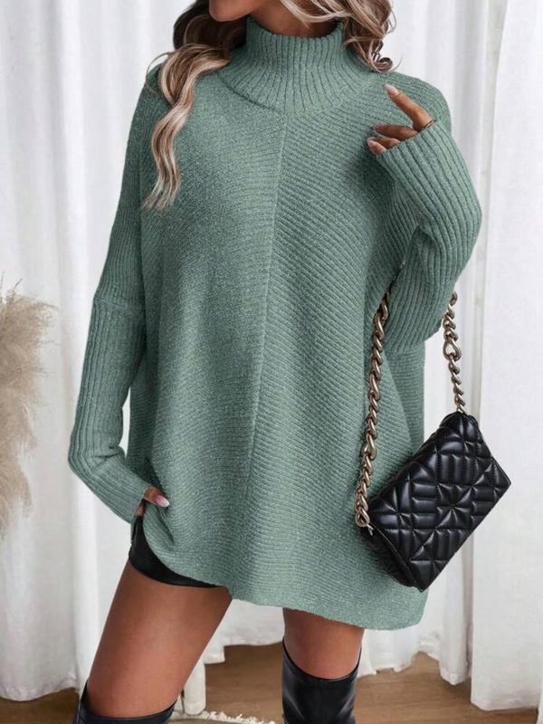 Women's Solid Color High Neck Sweater Dress, Casual Long Sleeve Jumper Short Dress for Fall & Winter, Women's Knitwear for Daily Wear Turtleneck