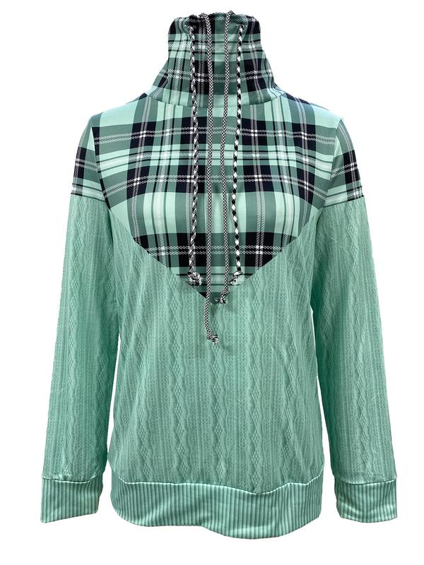 Women's Plaid Print Drawstring Drop Shoulder Graphic Hoodie, Casual Long Sleeve Cowl Neck Top for Fall, Country Outfits, Women's Clothes for Daily Outdoor Wear