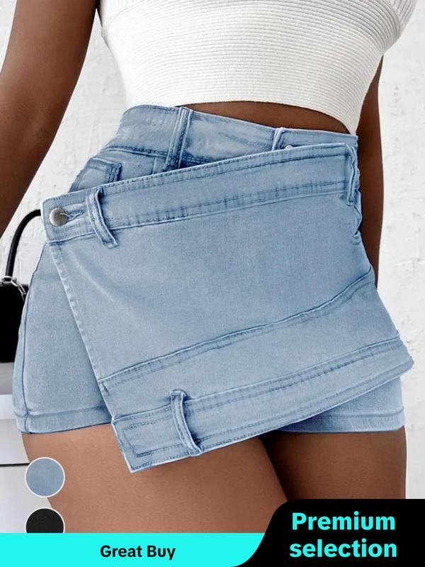 Women's Plain Denim Shorts, Asymmetrical Hem Button Pocket Jeans Skort, Back To School Outfits, Casual High Waist Jeans Shorts, Jorts Shorts, Summer Outfits 2024, Rave Outfits, Designer Jeans, Fall Outfits