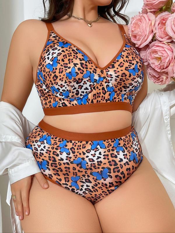  Two-piece Set Leopard Print Contrast Binding Bra & High Waist Panty Set, Casual Adjustable Strap Wireless Bra & Panty Set, Women's Underwear Set for All Seasons