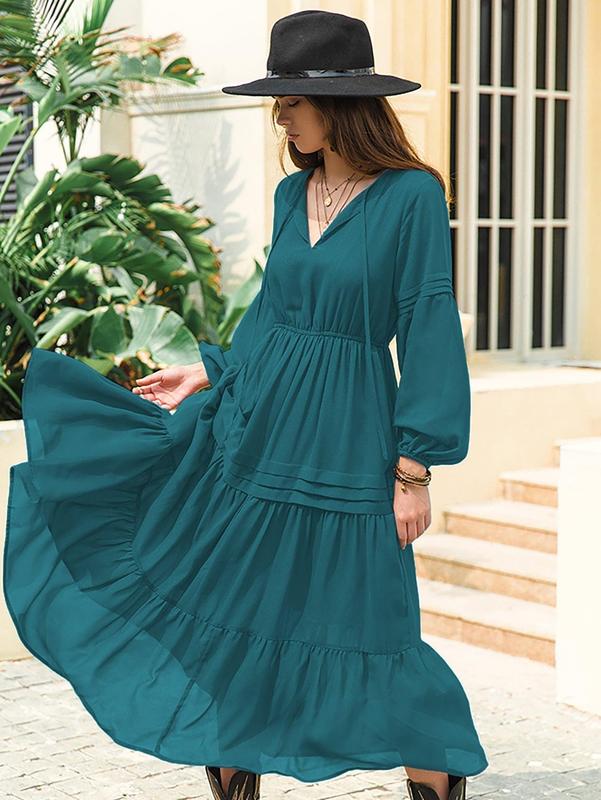 Women's Casual Basic Lantern Sleeve Tie V-neck Ruffle Hem Dress, Lady Comfort Minimalist Solid Tiered Milkmaid Dress, Vintage Girly Country Girl Clothes Summer Dresses 2024, Baddie Outfits for School, Womenswear Christmas