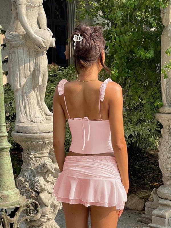 Women's Solid Corset Frill Tie Back Cami, Casual Sleeveless Backless Tops for Summer, Back-to-School Clothing, Summer Tops, Tank Tops for Women, Ladies Clothes for Party Holiday Vacation, Going Out Tops, Summer Tops for 2024