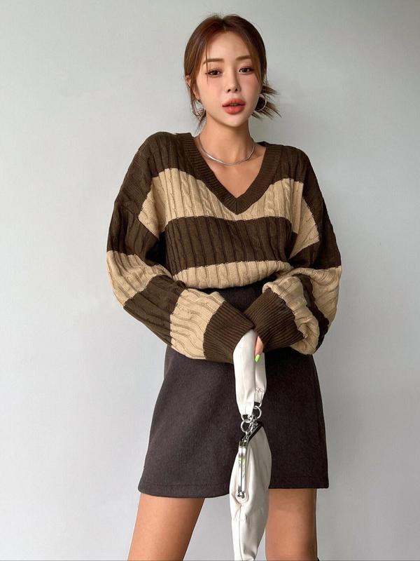 Women's Colorblock Striped Drop Shoulder Cable Knit Sweater, Casual Long Sleeve V Neck Jumper for Fall & Winter, Fashion Ladies' Knitwear for Daily Wear