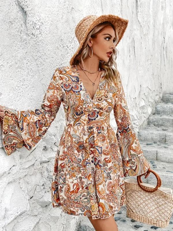 Women's Paisley Print Long Sleeve A Line Vintage Dress, Boho Layered Trumpet Sleeve Dress for Fall & Winter, Fall Dresses, Please Purchase A Size Up