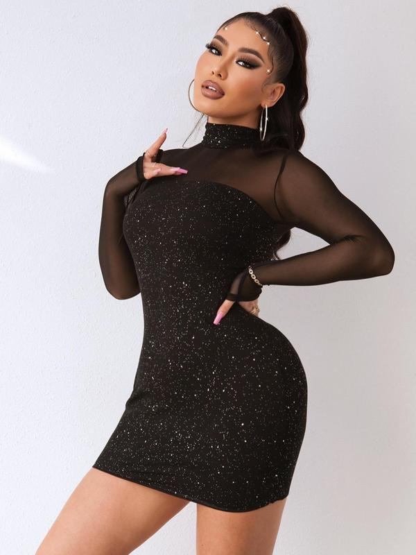 Women's Contrast Sequin Sheer Mesh Bodycon Dress, Elegant Long Sleeve Stand Collar Zipper Back Short Dress for Party Club Dating Wear, Ladies Clothes for Spring & Fall