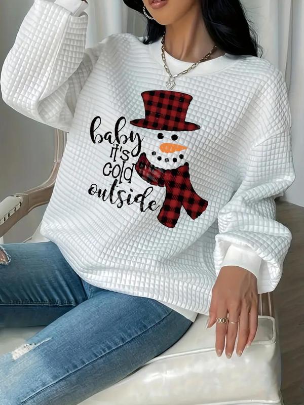  Cartoon Snowman & Letter Print Drop Shoulder Sweatshirt, Sweatshirts for Women, Casual Long Sleeve Round Neck Pullover for Daily Wear, Women's Clothing for Fall & Winter