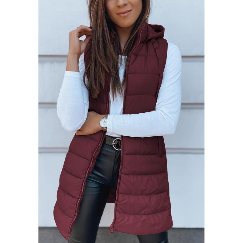 Zip Up Drawstring Hooded Puffer Vest, Casual Sleeveless Mid Length Winter Vest With Pocket, Women's Clothing