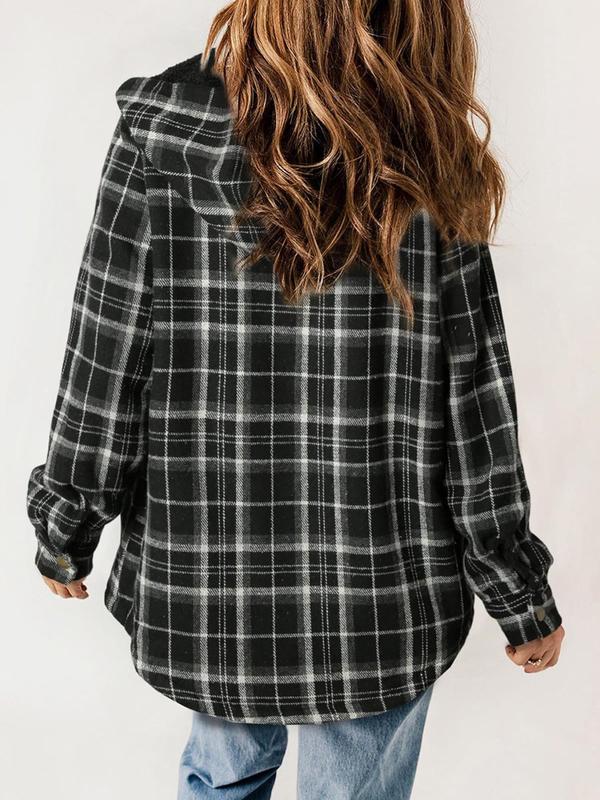 Women's Plaid Print Button Front Hooded Jacket, Casual Long Sleeve Pocket Outerwear for Spring & Fall, Ladies Clothes for Daily Wear