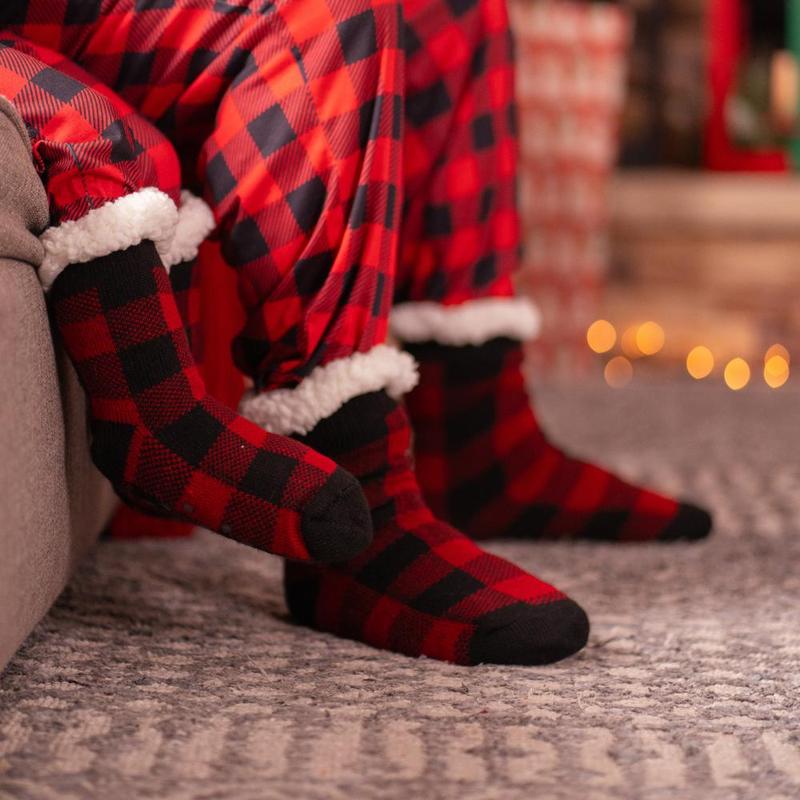 PatPat Christmas Socks Family Matching Red&Black Plaid Check Pattern Anti-Slip Floor Socks