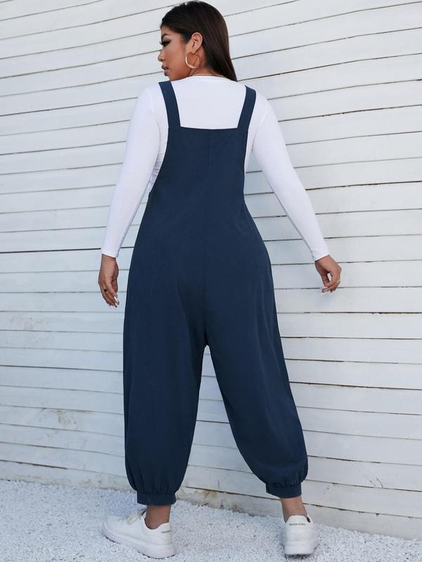 Plus Size Pocket Button Front Corduroy Jumpsuit, Casual Solid Sleeveless Overall Jumpsuit, Summer Jumpsuits for Women, Women's Plus Size Clothes for Daily Wear