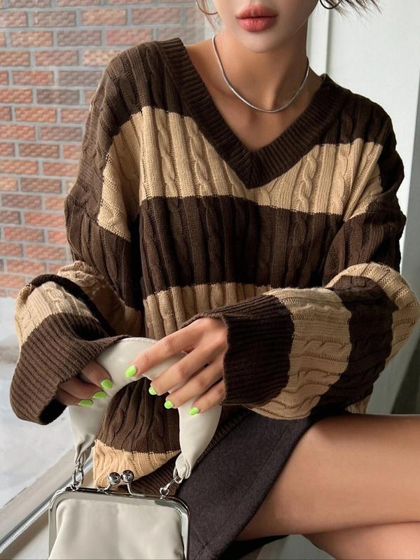 Women's Colorblock Striped Drop Shoulder Cable Knit Sweater, Casual Long Sleeve V Neck Jumper for Fall & Winter, Fashion Ladies' Knitwear for Daily Wear