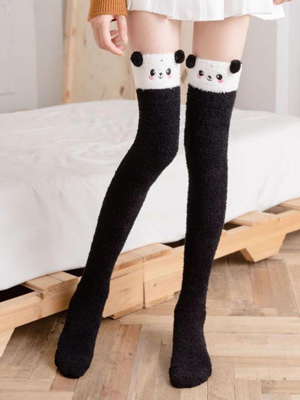 Women's 1 Pair Cartoon Panda Print Over The Knee Socks, Cute Cozy Warm Fuzzy Socks For Women, Women's Socks For Winter