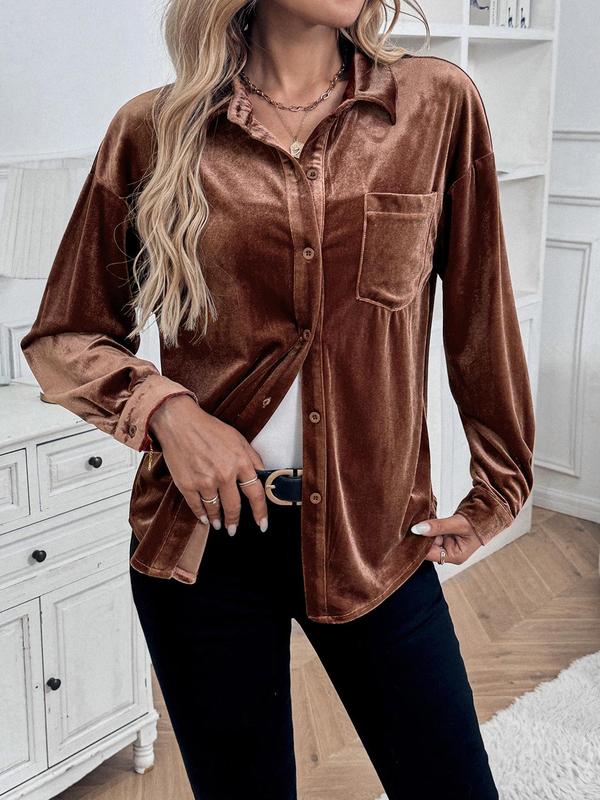 Women's Solid Button Front Drop Shoulder Velvet Shirt, Casual Long Sleeve Collared Top for Fall & Winter, Women's Clothes for Daily Wear