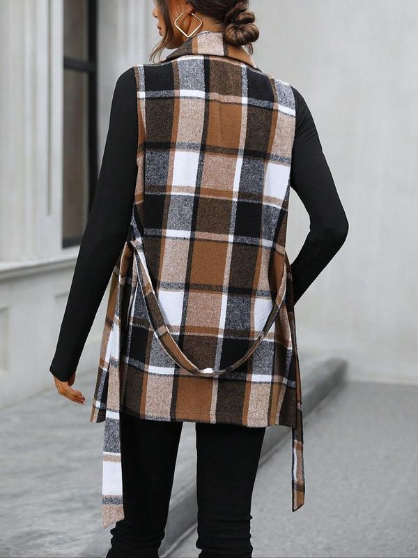 Women's Plaid Print Belted Lapel Neck Vest Jacket, Casual Sleeveless Outerwear for Fall & Winter, Ladies Clothes for Daily Wear