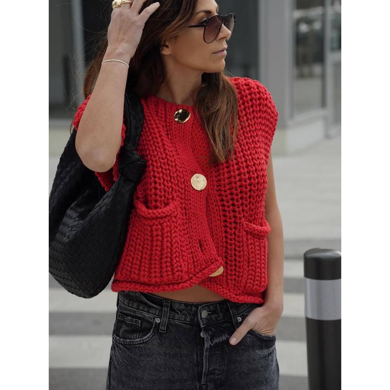 2024 New Women's European and American Style Pocket Sleeveless Short Knitted Cardigan Vest Shirt